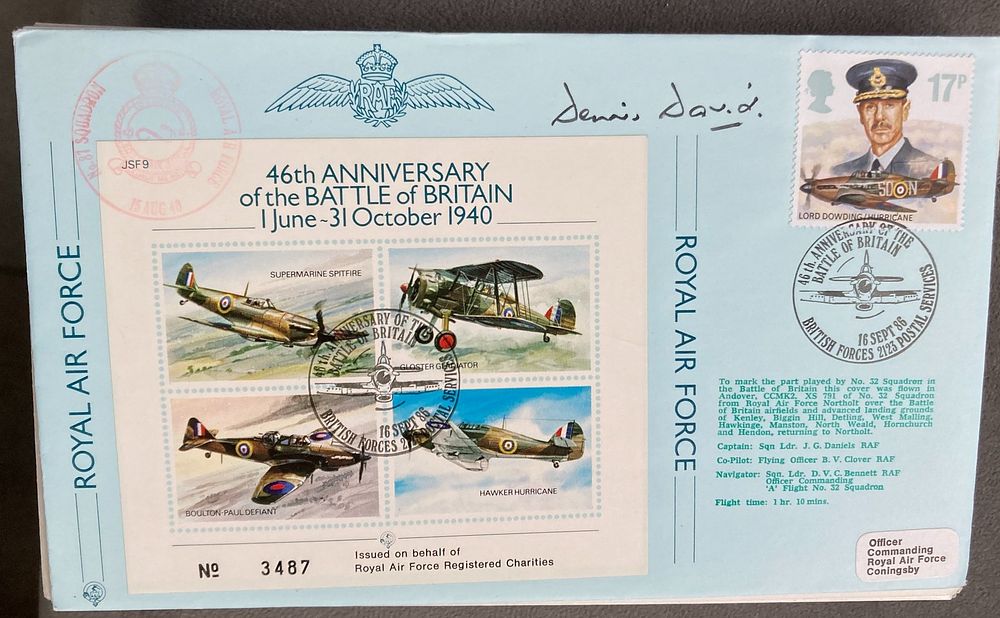 RAF WW2 Grp Capt W Dennis David CBE DFC AFC signed JSF 9 46th ann of the Battle of Britain 1 