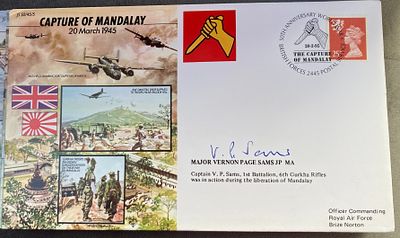 WW2 Major Vernon Page Sams JP MA signed JS/50/45/5 Capture of Mandalay 20 March 1945 WW2 FDC. 