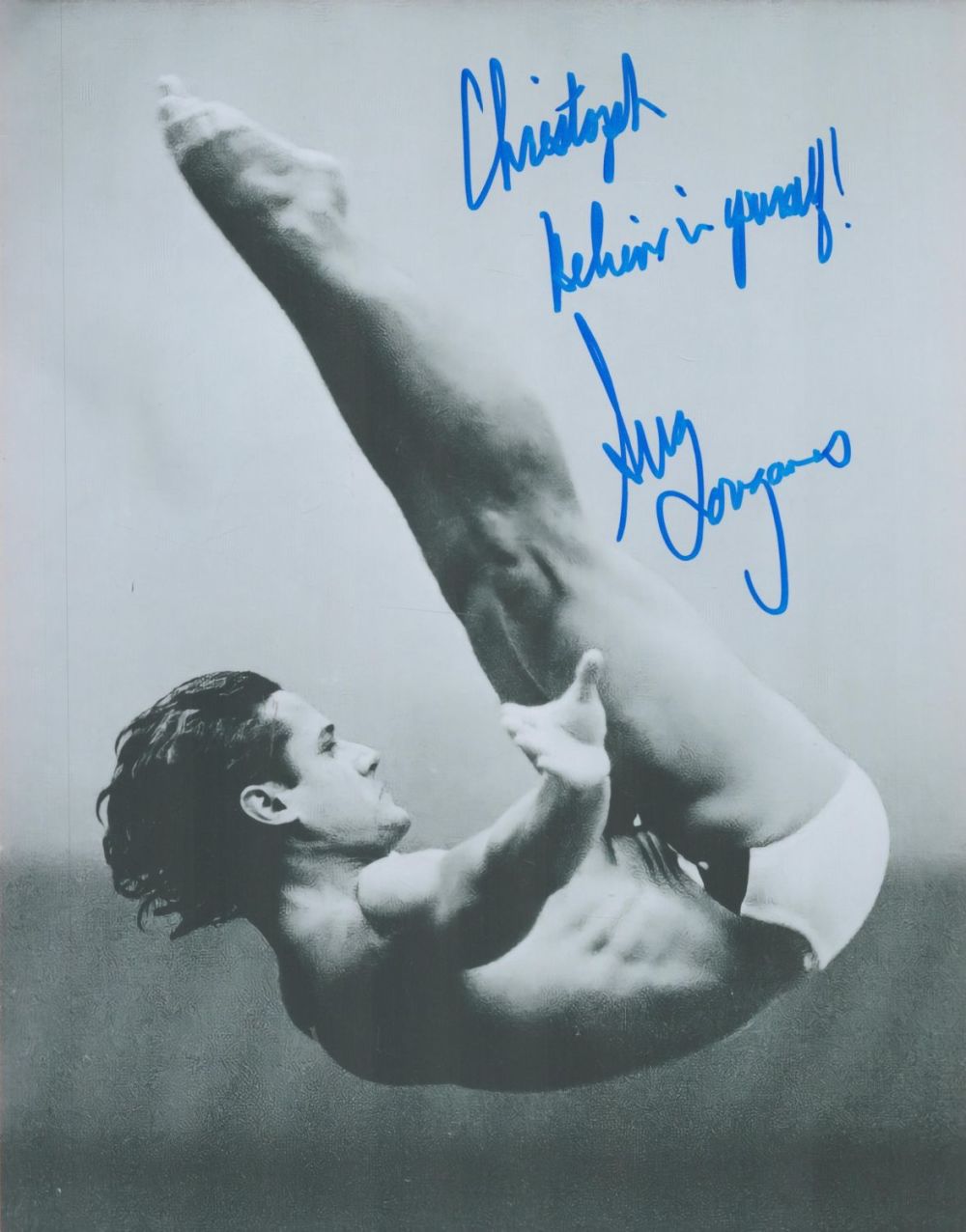 Lot 253: Greg Louganis signed 10x8 black and white photo....