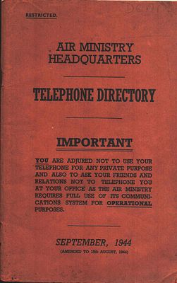 Air Ministry Headquarters, Telephone Directory. September, 1944.