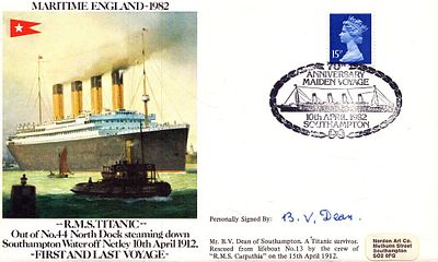 Rare Titanic survivor B.V. Dean signed Maritime England-1982 R.M.S Titanic FDC. Bertram Dean 