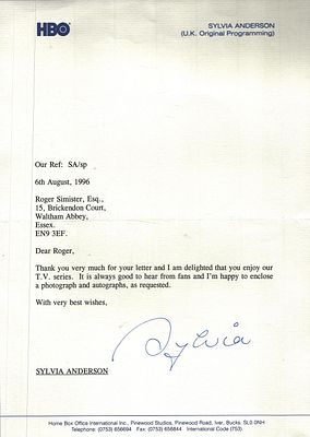 Sylvia Anderson TLS Thank you letter dated 6th August 1996 headed letter. A4 sheet. Sylvia 