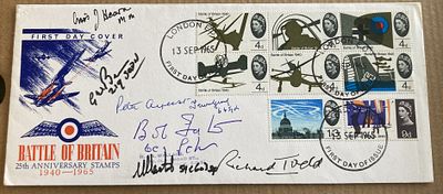 WW2 RARE Battle of Britain aces signed 1965 BOB 25th ann FDC inc Bob Foster, G W Benn, P Ayerst 