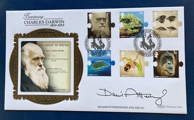 David Attenborough signed 2009 Charles Darwin Benham official FDC. Sir David Frederick 