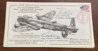 50th Anniv 1st Major Bombing Raid Lancaster Signed E Rodley DSO DFC*AFC. Pilot, Sgt Bert Dowty 
