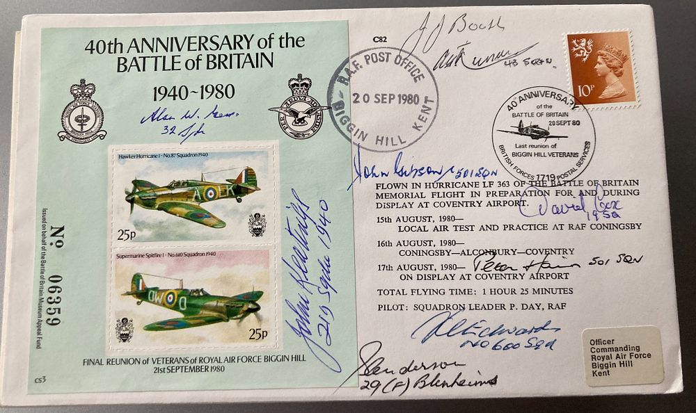 WW2 40th ann Battle of Britain JS/50/40/6 FDC signed by 9 aces 20 Sept 80. Autographed by JJ 