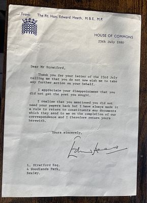 Prime Minister Edward Heath signed typed letter 1980 on House of Commons letterhead. Good 