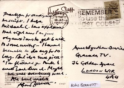 Alan Bennett signed illustrated postcard.