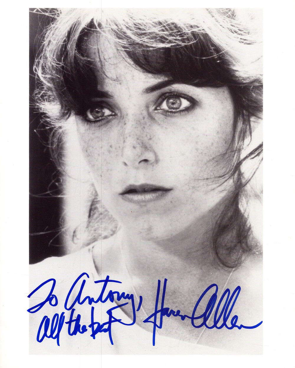 Karen Allen signed 10x8inch black and white photo. Dedicated.
