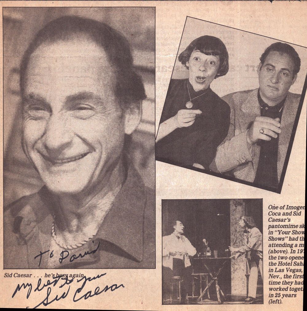 Sid Caesar signed newspaper clipping. Dedicated.