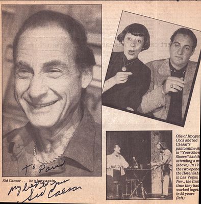 Sid Caesar signed newspaper clipping. Dedicated.