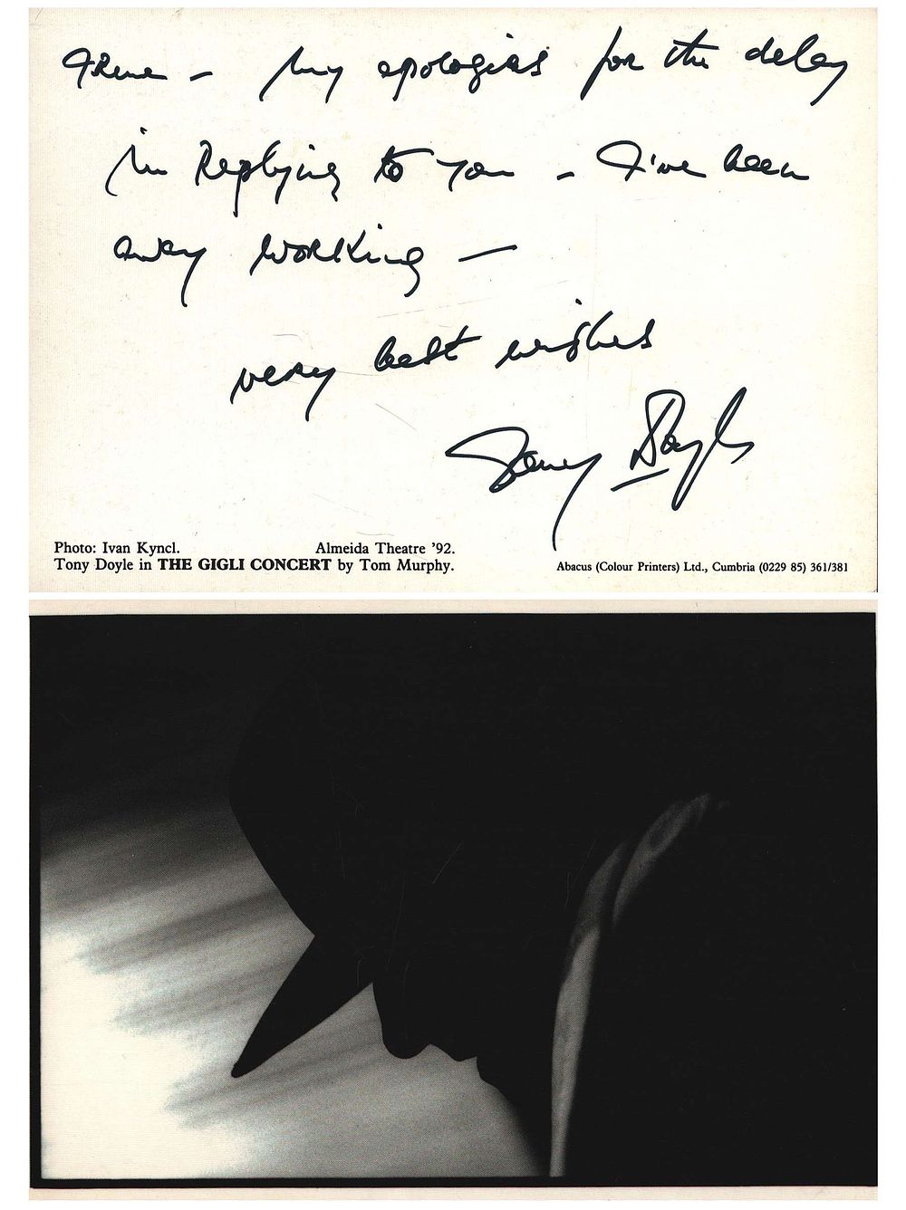 Lot 212: Tony Doyle signed six by 4 inch black...