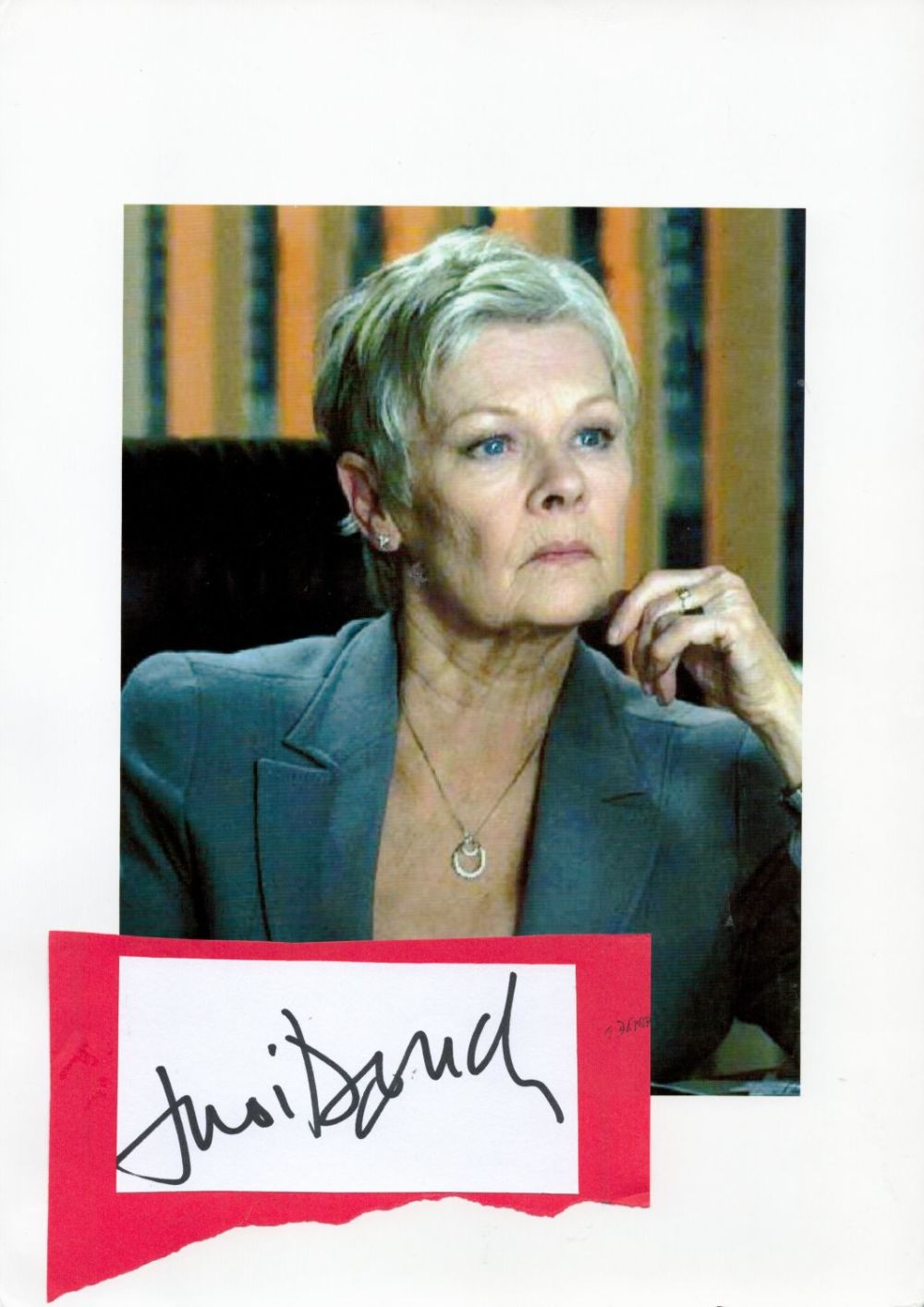Lot 534: Judy Dench. James Bond actor 3x2 signature piece...