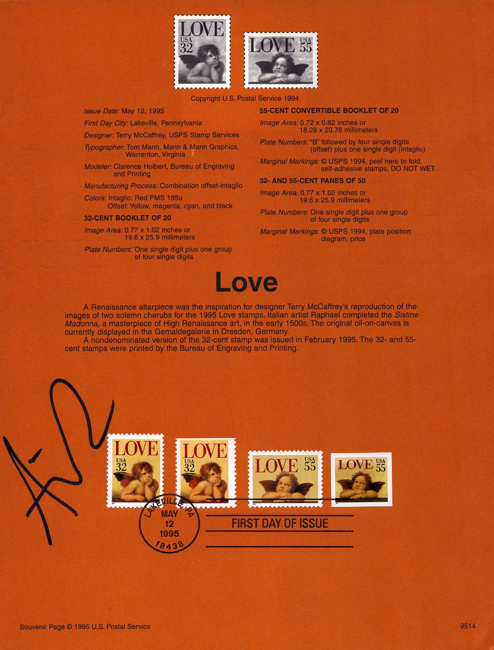 Lot 199: Annie Potts signed love stamp sheet.
