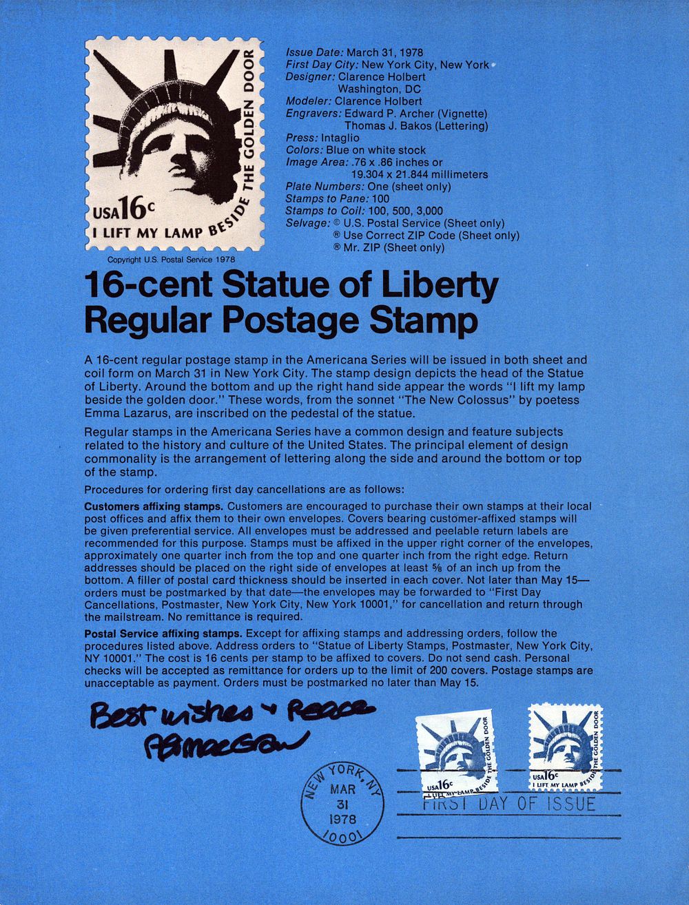 Lot 205: Ali McGraw signed 16 cent Statue of Liberty...