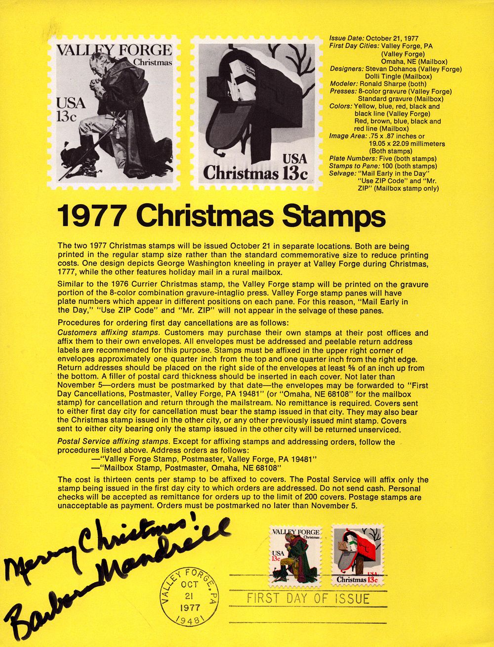 Lot 213: . Barbara Mandrell Signed 1977 Christmas Stamps Sheet