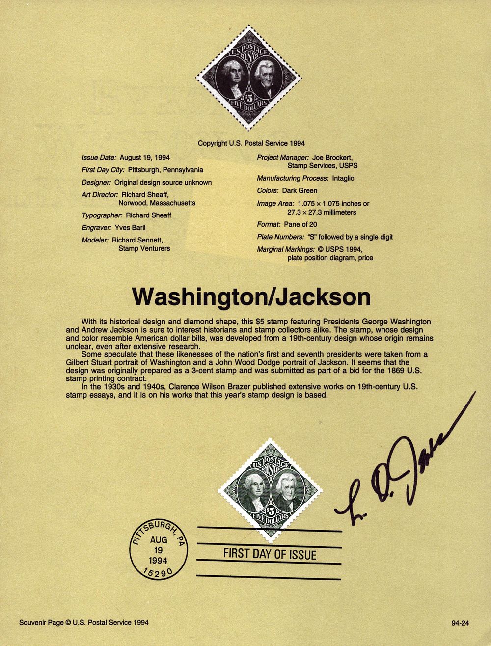 Lot 221: LQ Jones signed Washington and Jackson stamp sheet.