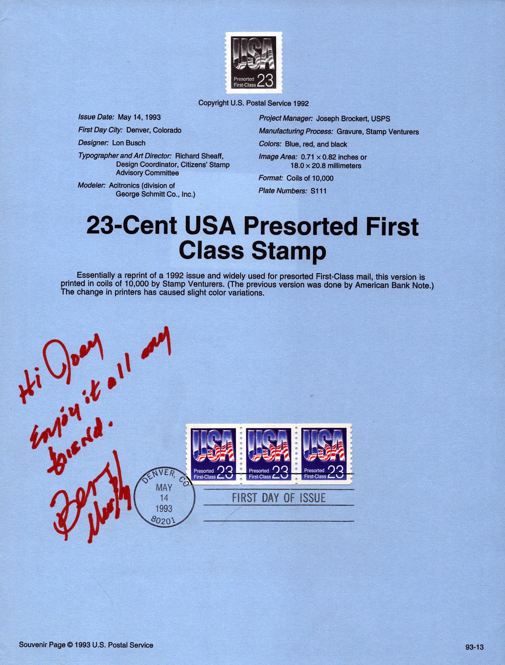 Lot 223: Ben Murphy side 23 cent USA pre-sorted First...