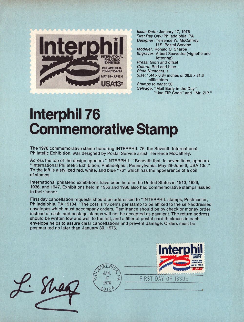Lot 230: Lin Shaye signed Interfile 76 commemorative stamp sheet.