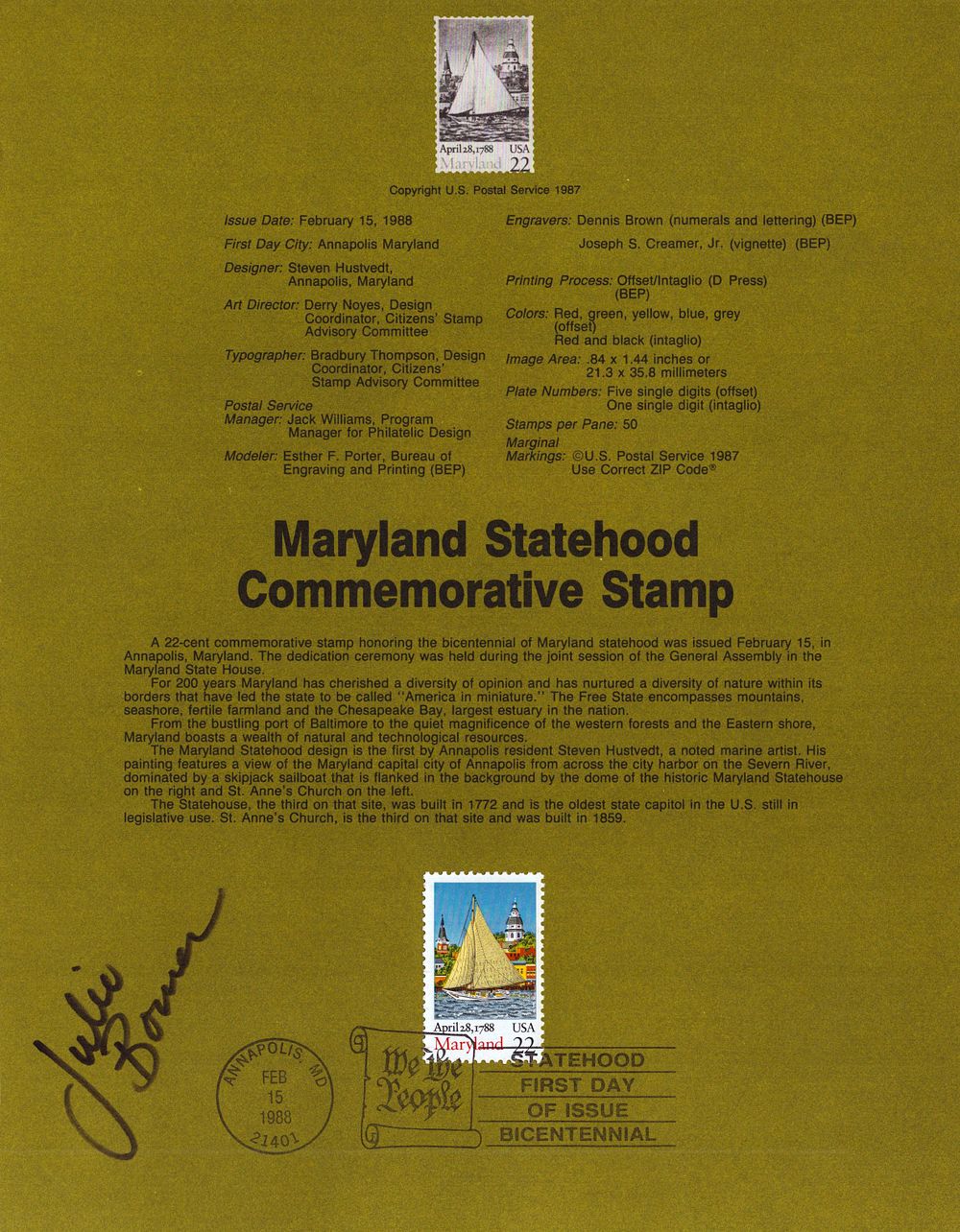 Lot 238: Julie Bowen signed Maryland statehood commemorative stamp sheet.