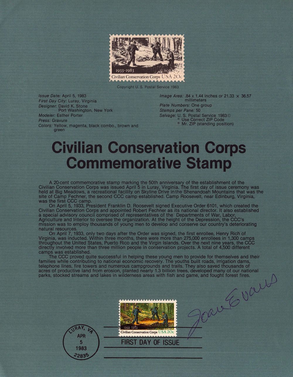 Lot 242: Joan Evans signed Civilian Conservation Corps commemorative stamp...