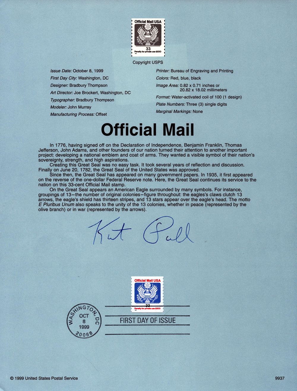 Lot 250: Kurt Fuller signed official mail stamp sheet