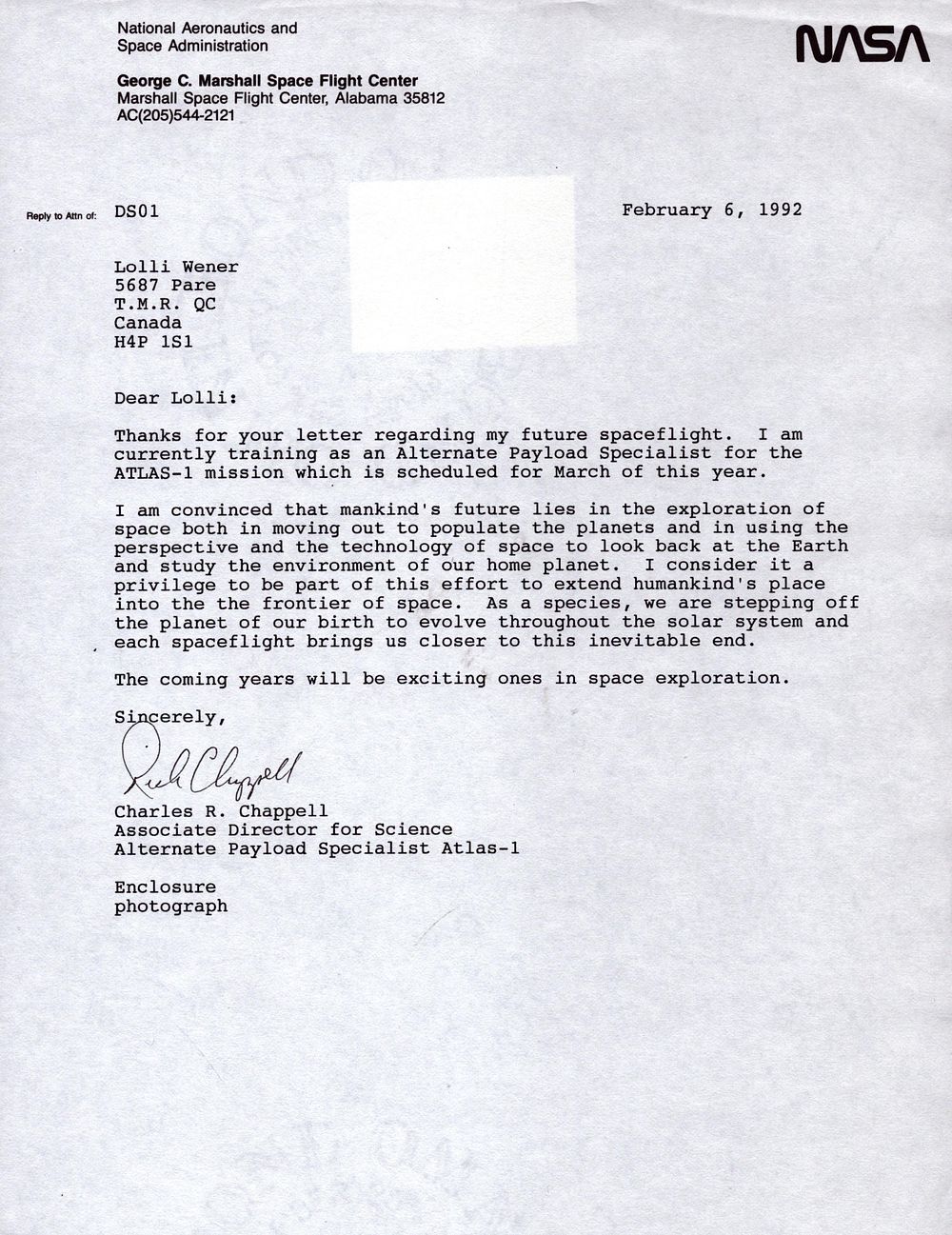 Lot 355: Charles R Chappell TLS on NASA headed paper...