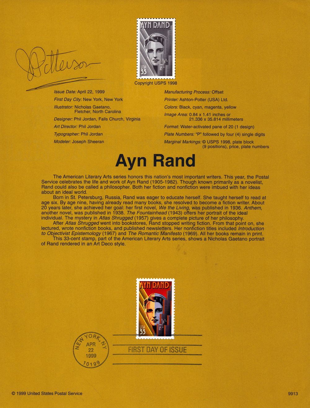 Lot 359: James Patterson Signed Ayn Rand stamp sheet.