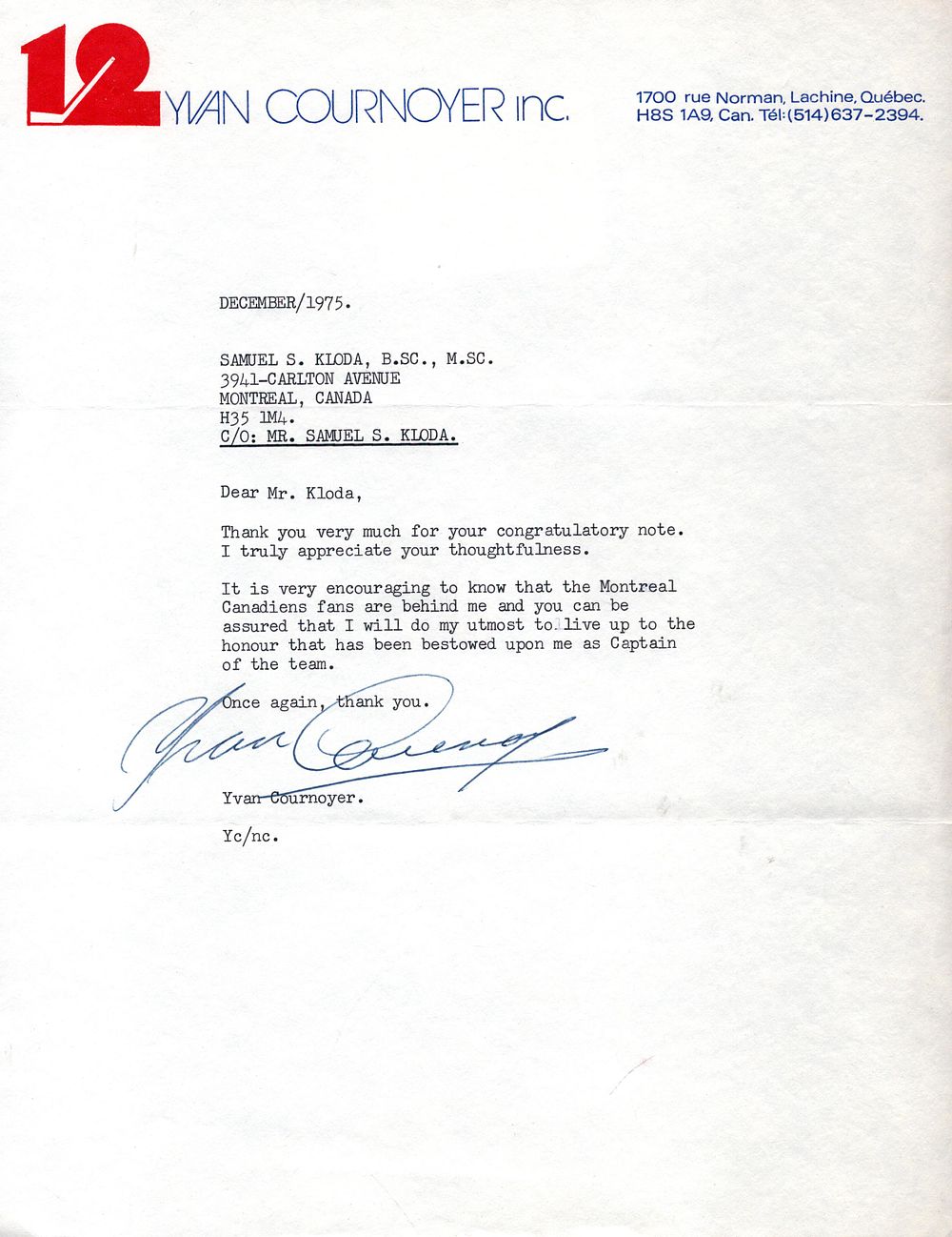Lot 403: Yvan Cournoyer TLS dated December 1975