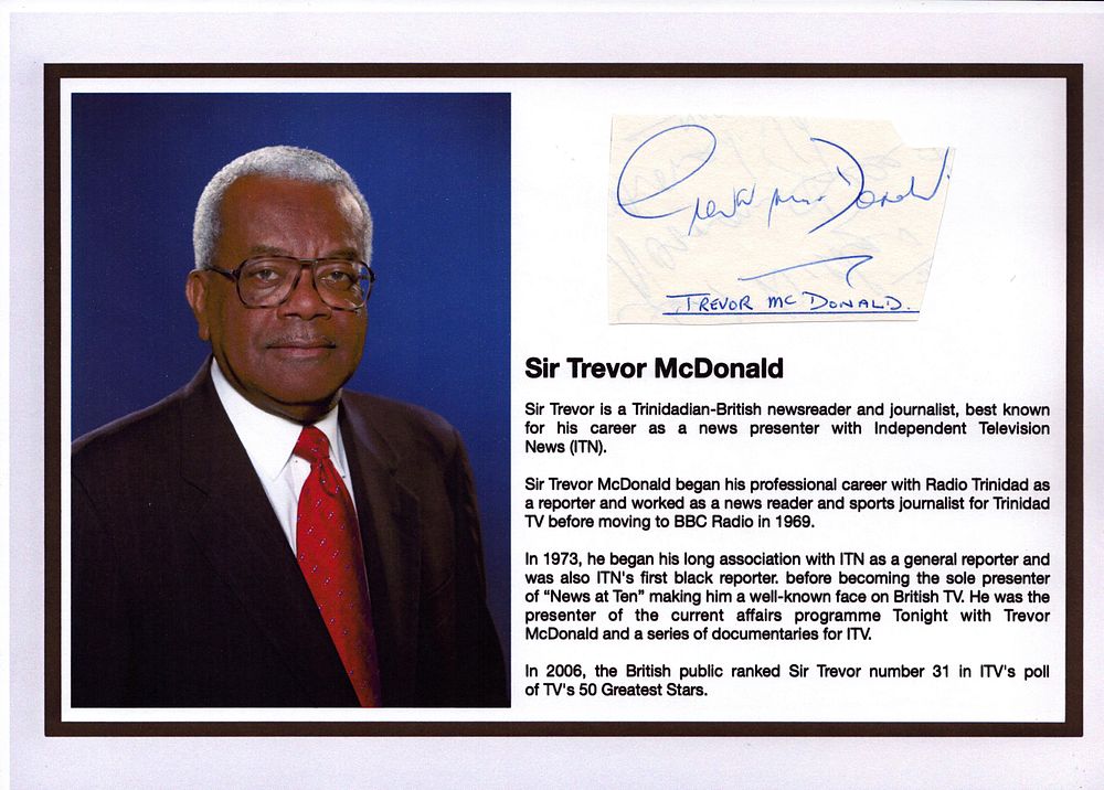 Lot 419: Sir Trevor McDonald Irregular Cut signature piece attached...