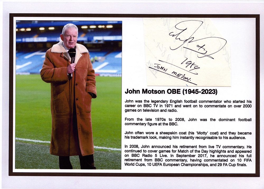 Lot 428: John Motson Irregular cut signature piece attached to...