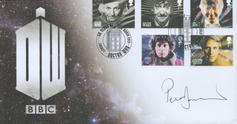 Lot 582: Peter Davison signed Doctor Who FDC. Good condition....