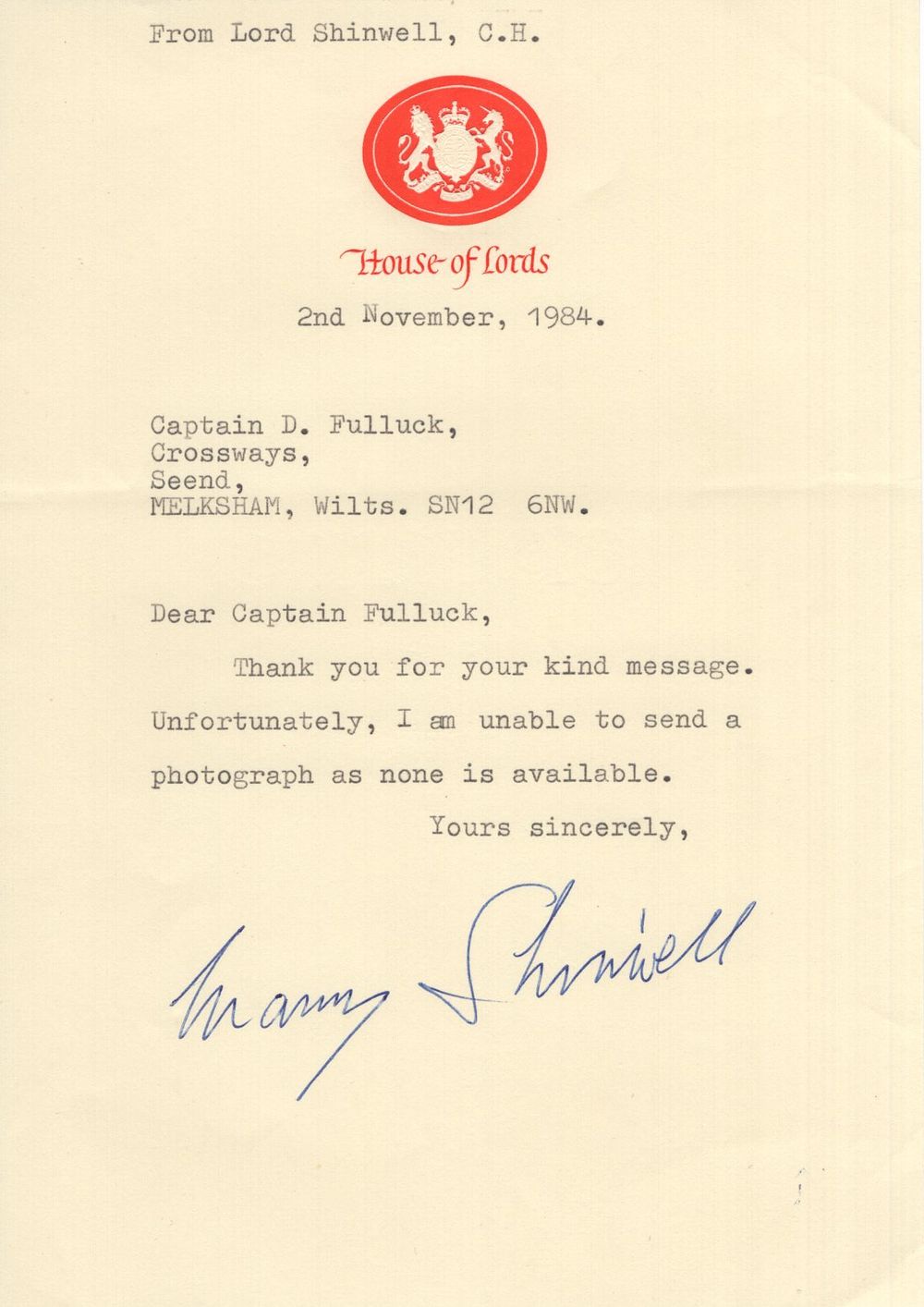 Lot 553: Manny Shinwell (1884-1986) Politician signed typed letter on...