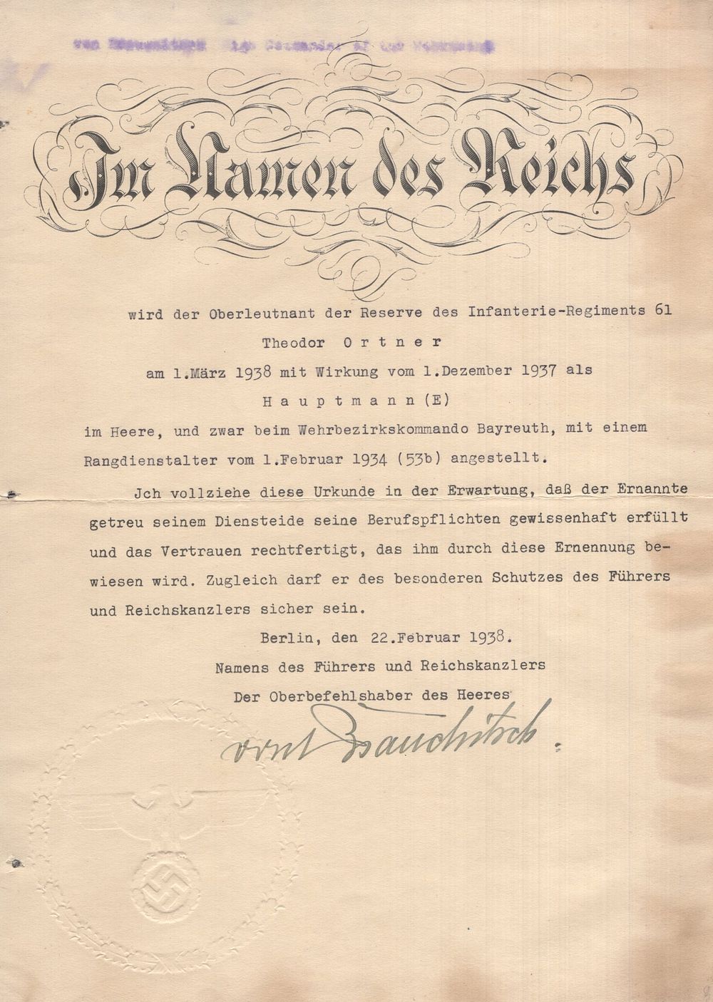 Lot 560: Field Marshal Walther von Brauchitsch (1881-1948) signed 1938...