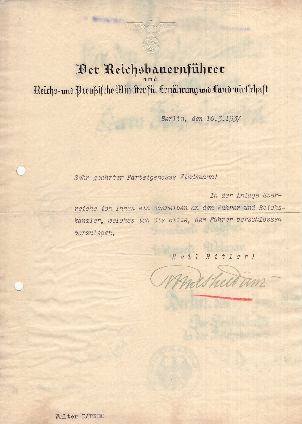 Lot 561: Richard Walther Darree (1895-1953) signed document dated 1937,...