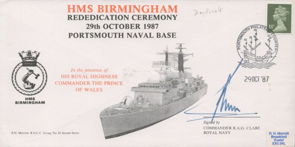 Lot 682: Commander RAG Clare RN Signed HMS Birmingham Rededication...