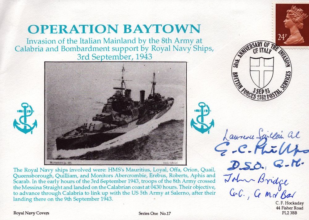 Lot 177: Operation Baytown Navy cover signed by three including...