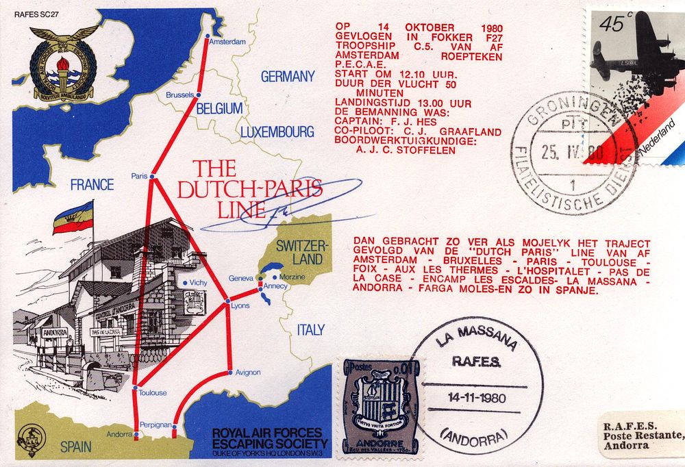 Lot 591: Signed Netherlands 1980 RAF Escaping Society (RAFES) first...