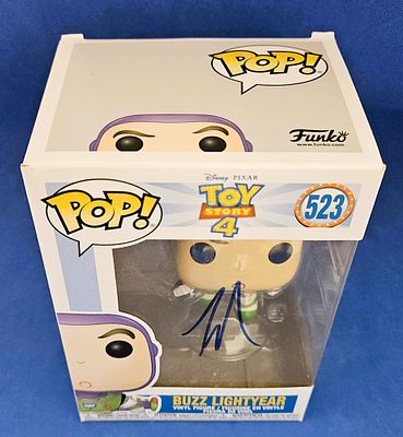 Tim Allen signed Buzz Lightyear Toy Story 4 Funko Pop signed on box window.