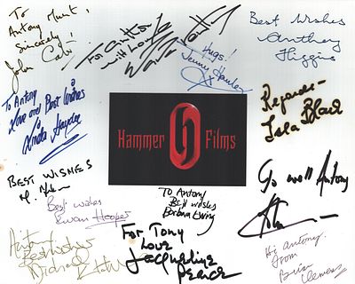Hammer Horror's Logo 10 by 8 inch colour Photo signed by 14 including John carter Linda Hayden 