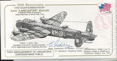 50th Anniv 1st Major Bombing Raid Lancaster Signed E Rodley DSO DFC*AFC. Pilot, . 17 Ap 92 