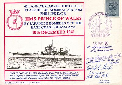 Rare HMS Prince of Wales Loss multiple signed Navy cover. Only 15 signed by 4 survivors Eric Le 