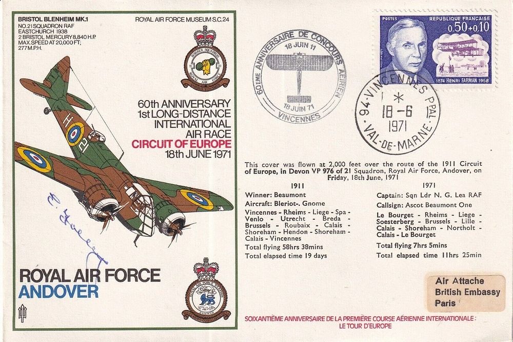 SC24a Blenheim Signed E Folley 1st Blenheim Pilot crash landed. 18 6 1971 Val de Marne 60th 