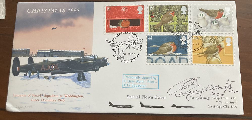 WW2 RAF E Gray Ward DFC pilot 617 sqn signed 1995 Christmas FDC Concorde flown. Cambridge 