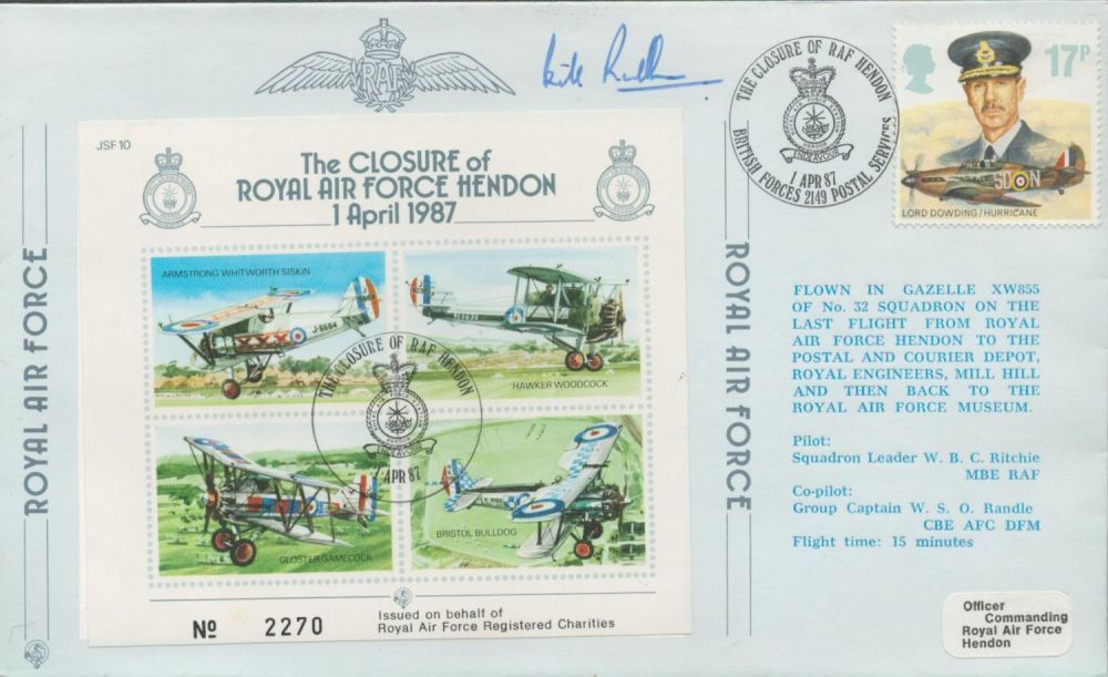 WW2 Escaper Grp Capt Bill Randle DFM Signed The closure of RAF Hendon 1 April 1987 flown FDC. 