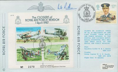 WW2 Escaper Grp Capt Bill Randle DFM Signed The closure of RAF Hendon 1 April 1987 flown FDC. 