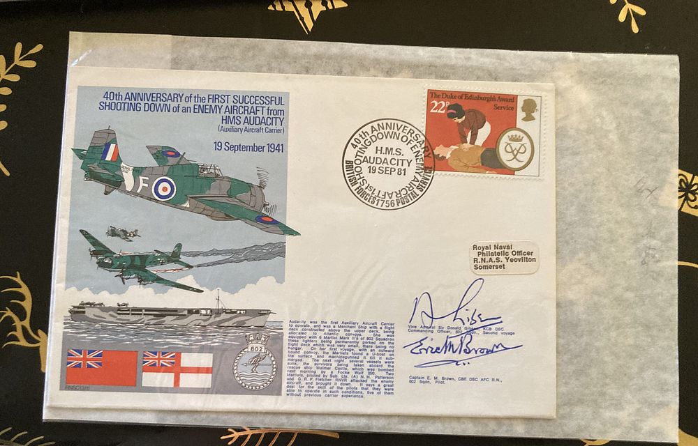 WW2 RAF Capt Eric Winkle Brown Ad J Gibson signed rare Navy official cover. RN11c Shooting Down 