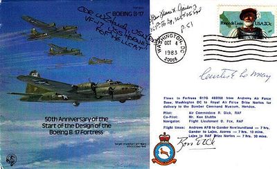 B32c 50th Anniversary B 17 Signed 3 USA Pilots Le May. F Gailer. W E Hardy. 4 Oct 83 Washington 