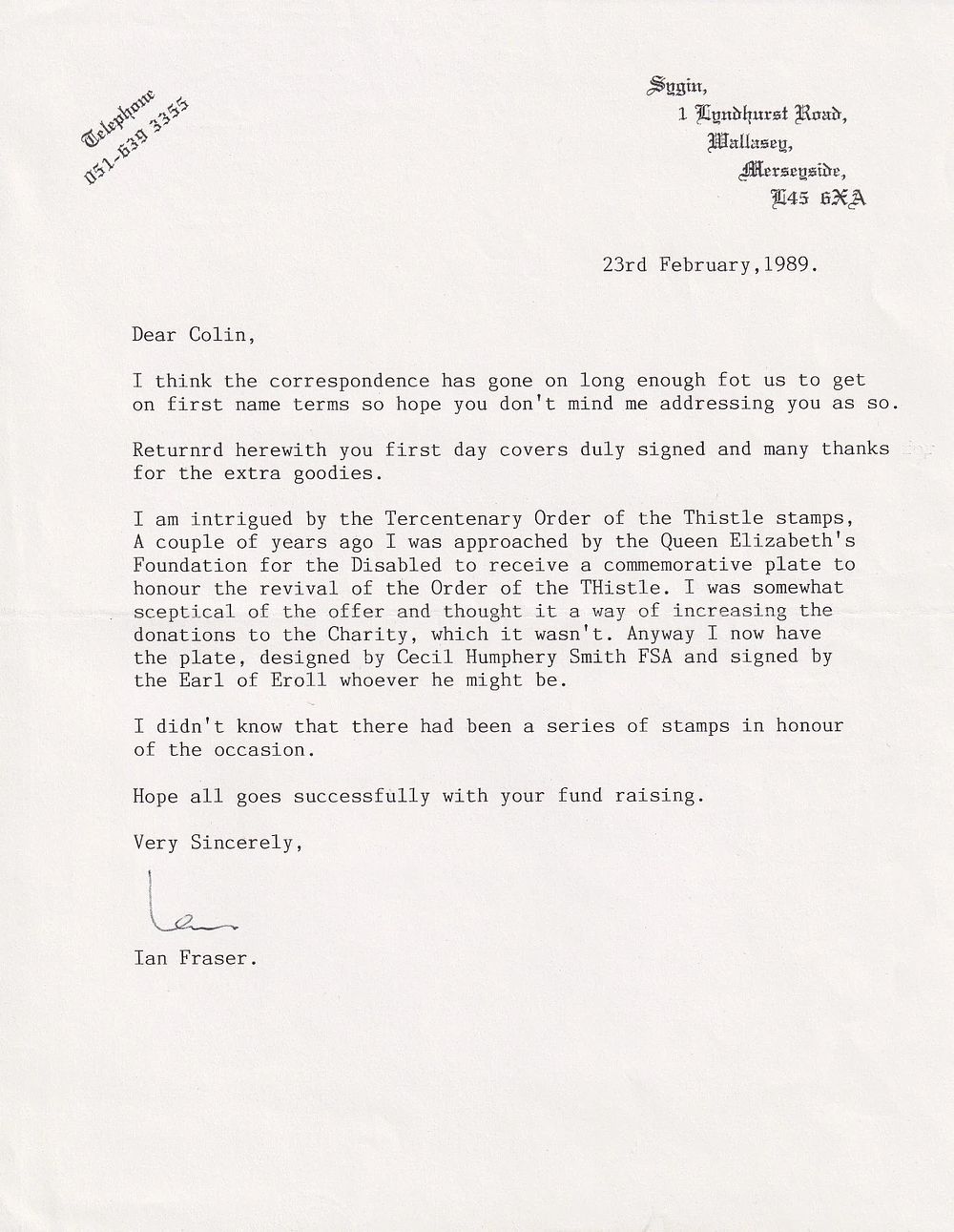 Victoria Cross autographed Letter Signed by Lieutenant Ian Fraser VC DSC RD* awarded the 