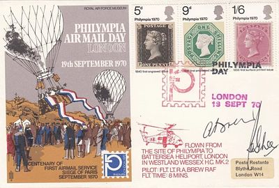S5c Set of 3 Philympia Stamps Philympia Day. Signed by the Pilot and Mr R A Lee, Chairman. Set 